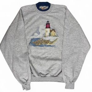 Vintage Morning Sun Lighthouse Crewneck Sweatshirt Women XL USA Made Cottagecore